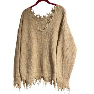 Distressed Speckled Knit Pullover Sweater V-Neck Long Sleeve Fringe Cream Size L